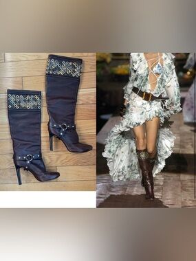 Roberto Cavalli S/S 2005 Brown Leather Metallic Studded Tall Tortoise Boots 38
